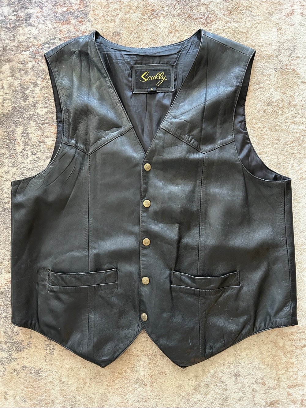 Scully Oklahoma state seal Black Leather Men's Vest Brass Buttons L